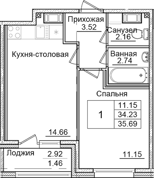 1-комнатная квартира 35.69 м², 8/9 эт., ЖК «Квартал Заречье»